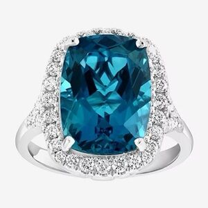 Blue Topaz & 1/2 CT. T.W. Diamond 14K White Gold Cushion Halo Cocktail Ring